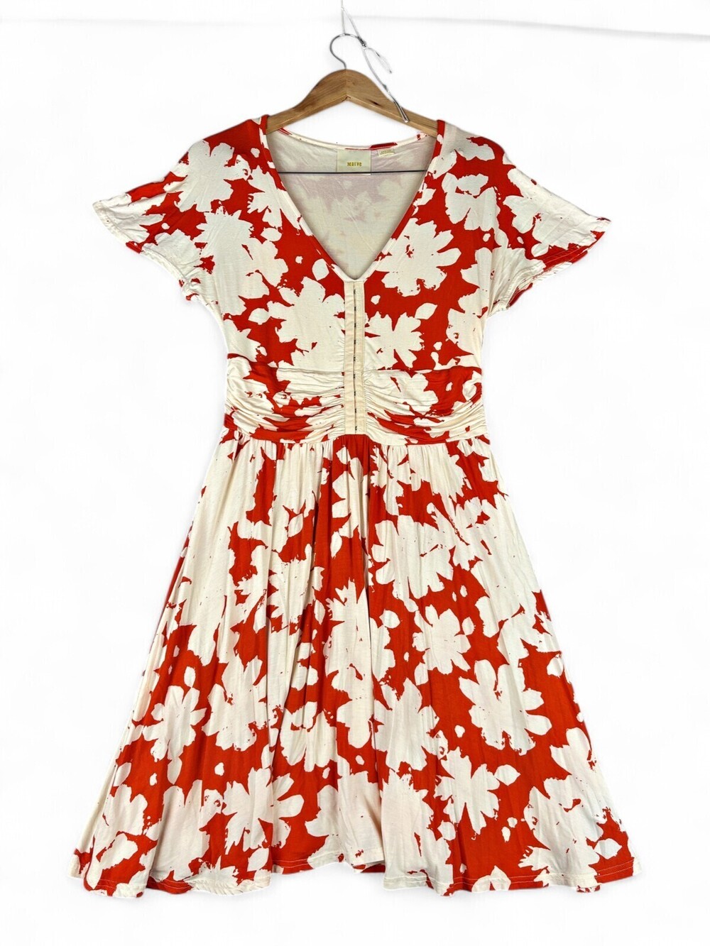 Maeve Floral V-Neck Midi Dress Ruched Waist Size M